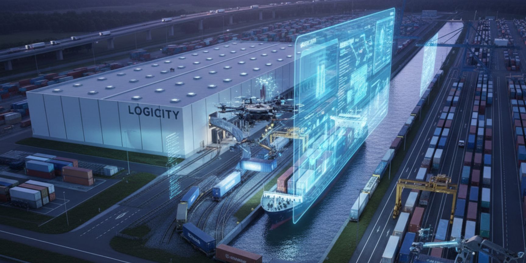 Eine trimodale Logistikdrehscheibe bei Nacht, die eine High-Tech-Vision von automatisiertem Umschlag zeigt. Über einem Binnenschiff und Güterzügen mit Containern schweben Drohnen, die Daten erfassen. Eine Augmented-Reality-Anzeige visualisiert komplexe Lieferkettendaten und -prozesse. Im Vordergrund sind Lkws auf einer Autobahn und ein autonomer Kran zu sehen, der Container bewegt. Das Bild symbolisiert die digitale Transformation und Effizienzsteigerung in der trimodalen Logistik.